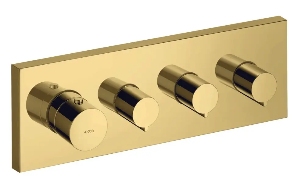Thermostatmodul mit drei runden Bedienelementen in verchromtem Design, montiert auf einer rechteckigen Platte, mit der Marke AXOR deutlich sichtbar.